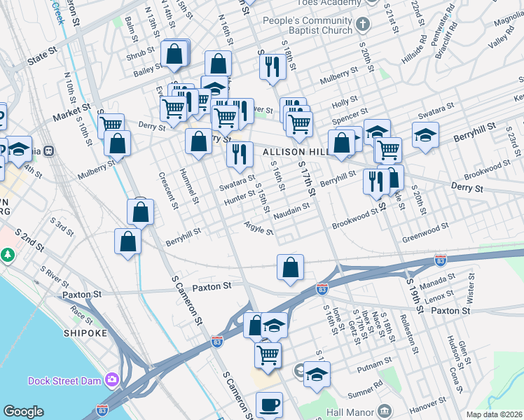 map of restaurants, bars, coffee shops, grocery stores, and more near 448 South 15th Street in Harrisburg