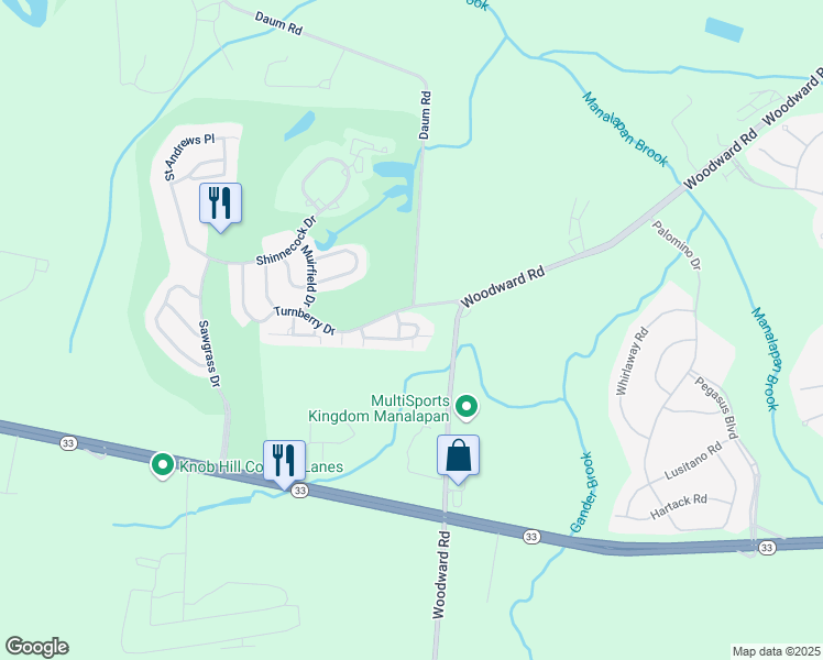 map of restaurants, bars, coffee shops, grocery stores, and more near 73 Sunningdale Circle in Manalapan Township
