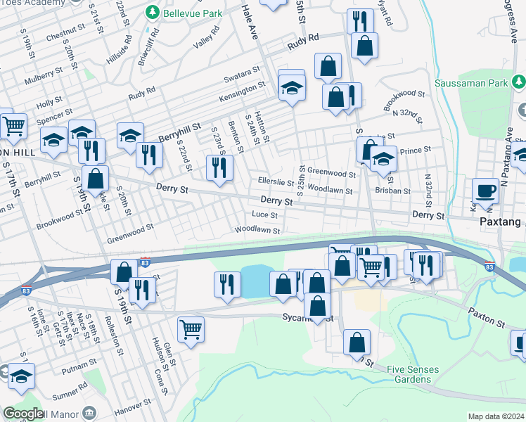 map of restaurants, bars, coffee shops, grocery stores, and more near 2320 Luce Street in Harrisburg