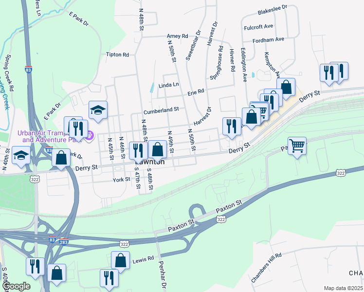 map of restaurants, bars, coffee shops, grocery stores, and more near 4917 Lancaster Street in Harrisburg