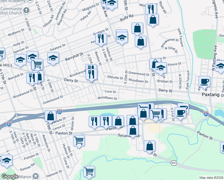map of restaurants, bars, coffee shops, grocery stores, and more near 2337 Derry Street in Harrisburg