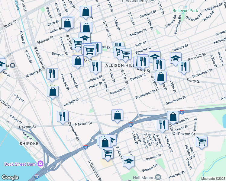 map of restaurants, bars, coffee shops, grocery stores, and more near 1524 Naudain Street in Harrisburg