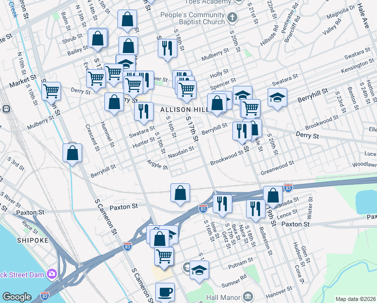 map of restaurants, bars, coffee shops, grocery stores, and more near 1640 Naudain Street in Harrisburg