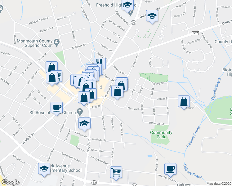 map of restaurants, bars, coffee shops, grocery stores, and more near 30 Jackson Street in Freehold