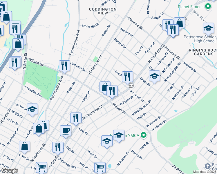map of restaurants, bars, coffee shops, grocery stores, and more near 288 Diamond Street in Pottstown