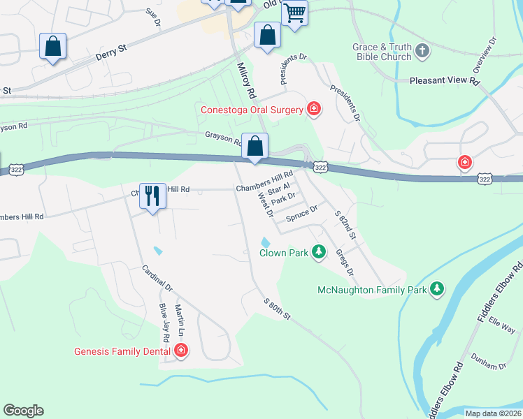 map of restaurants, bars, coffee shops, grocery stores, and more near 8110 Park Drive in Harrisburg