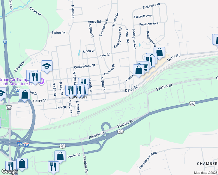 map of restaurants, bars, coffee shops, grocery stores, and more near 5000 Lancaster Street in Harrisburg