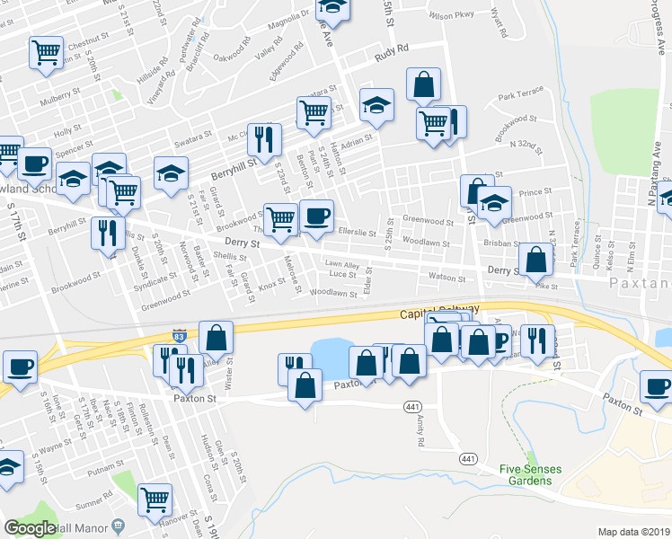 map of restaurants, bars, coffee shops, grocery stores, and more near 2337 Derry Street in Harrisburg