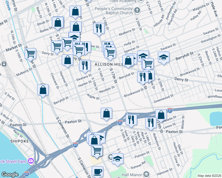 map of restaurants, bars, coffee shops, grocery stores, and more near 1640 Naudain Street in Harrisburg