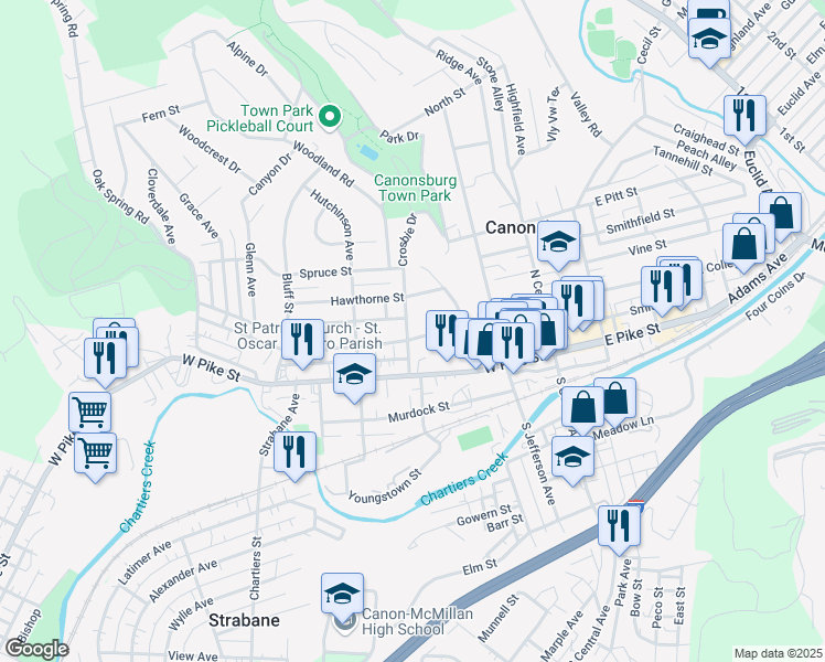 map of restaurants, bars, coffee shops, grocery stores, and more near 214 1/2 Belmont Avenue in Canonsburg