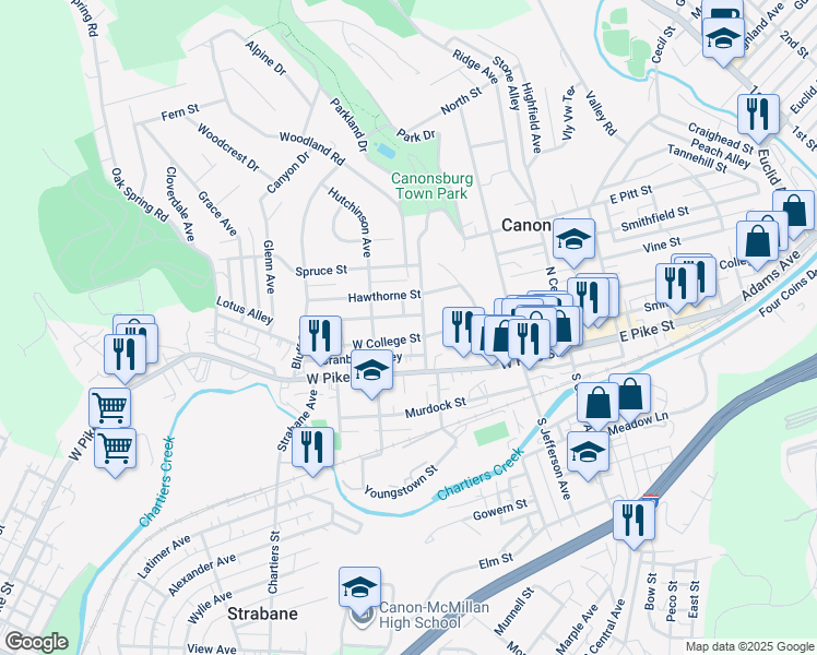 map of restaurants, bars, coffee shops, grocery stores, and more near 215 Hawthorne Street in Canonsburg