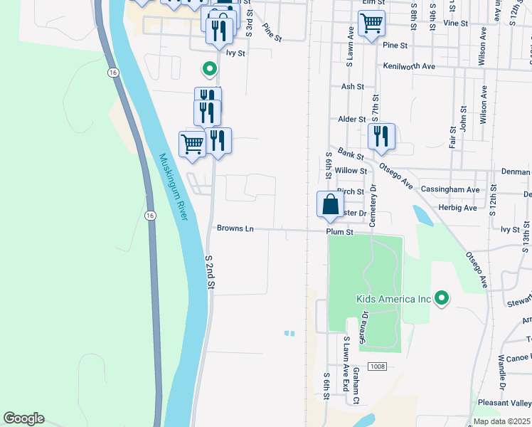map of restaurants, bars, coffee shops, grocery stores, and more near 830 South 2nd Street in Coshocton