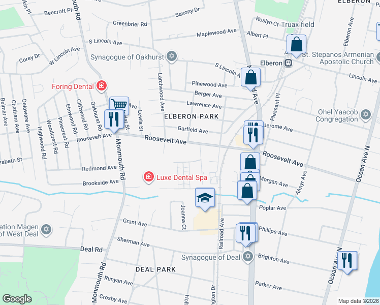 map of restaurants, bars, coffee shops, grocery stores, and more near 280 Roosevelt Avenue in Monmouth County