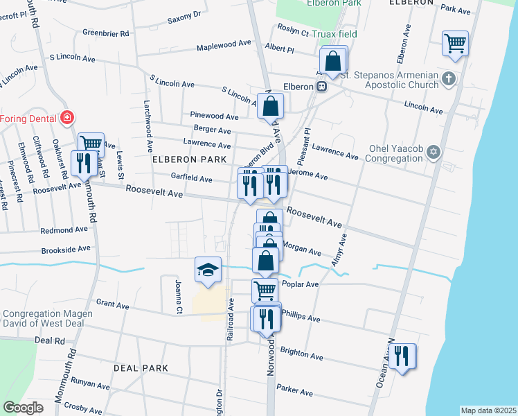 map of restaurants, bars, coffee shops, grocery stores, and more near 212 Roosevelt Avenue in Monmouth County