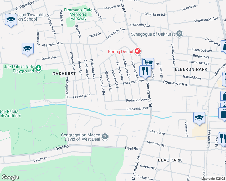 map of restaurants, bars, coffee shops, grocery stores, and more near 229 Pinecrest Road in Monmouth County