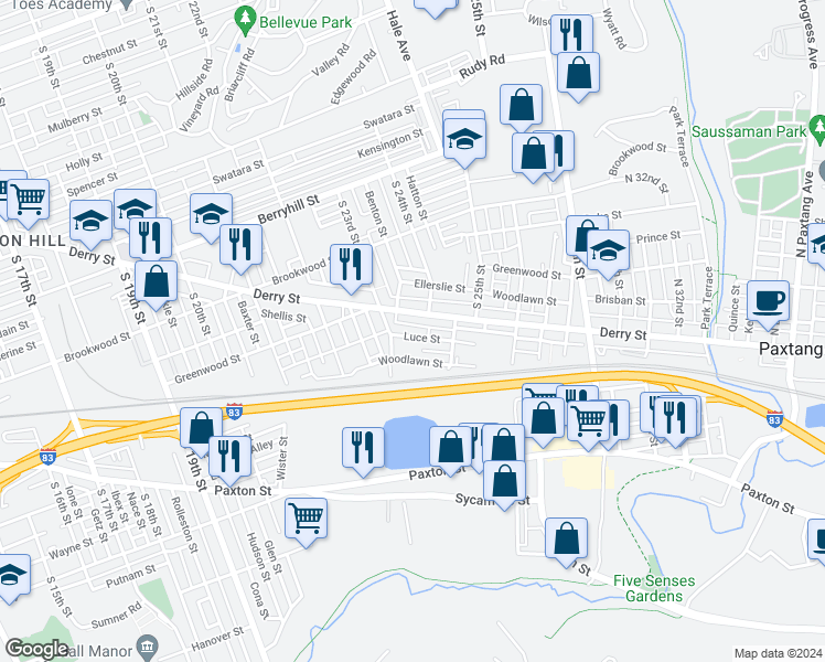 map of restaurants, bars, coffee shops, grocery stores, and more near 2314 Luce Street in Harrisburg