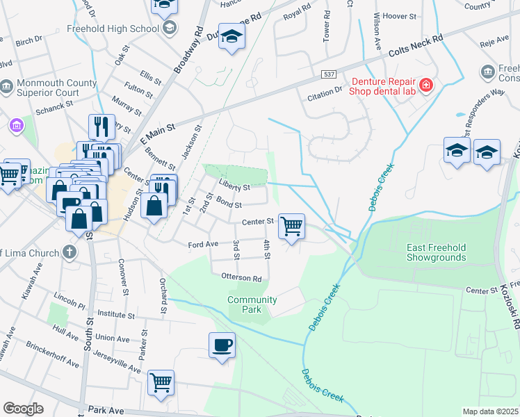 map of restaurants, bars, coffee shops, grocery stores, and more near 45 Bond Street in Freehold
