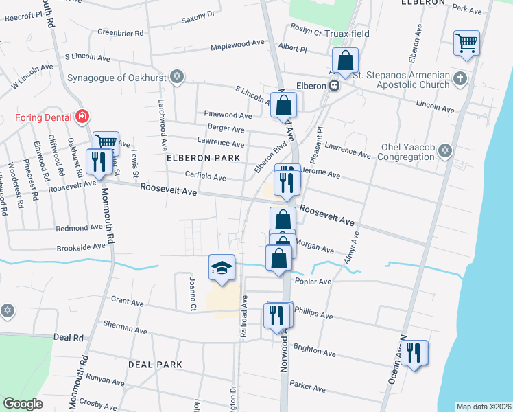 map of restaurants, bars, coffee shops, grocery stores, and more near 224 Roosevelt Avenue in Ocean Township