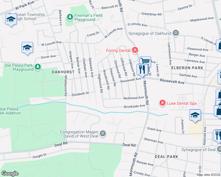 map of restaurants, bars, coffee shops, grocery stores, and more near 229 Pinecrest Road in Monmouth County