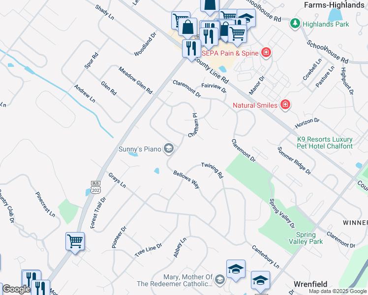 map of restaurants, bars, coffee shops, grocery stores, and more near 107 Bellows Way in Lansdale