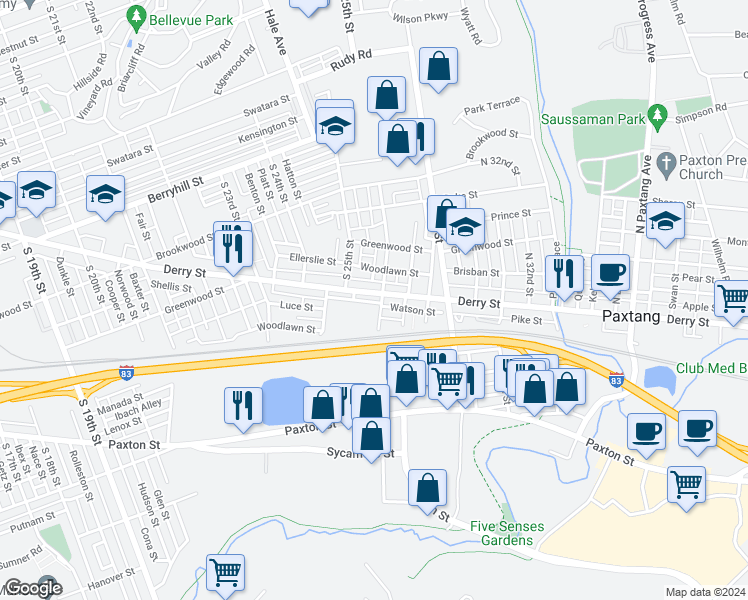 map of restaurants, bars, coffee shops, grocery stores, and more near 2527 Derry Street in Harrisburg