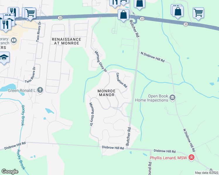 map of restaurants, bars, coffee shops, grocery stores, and more near 272 Morning Glory Drive in Monroe Township