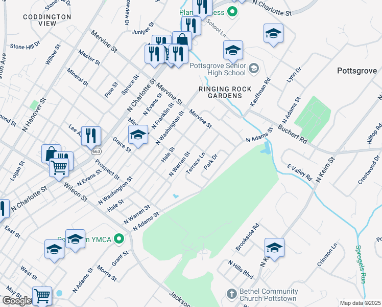 map of restaurants, bars, coffee shops, grocery stores, and more near 1028 Warren St in Pottstown