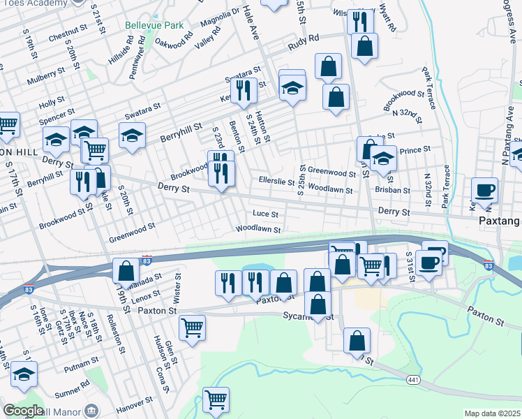 map of restaurants, bars, coffee shops, grocery stores, and more near 2316 Luce Street in Harrisburg