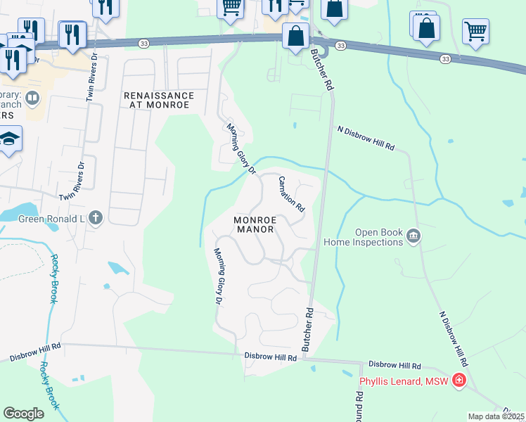 map of restaurants, bars, coffee shops, grocery stores, and more near 272 Morning Glory Drive in Monroe Township
