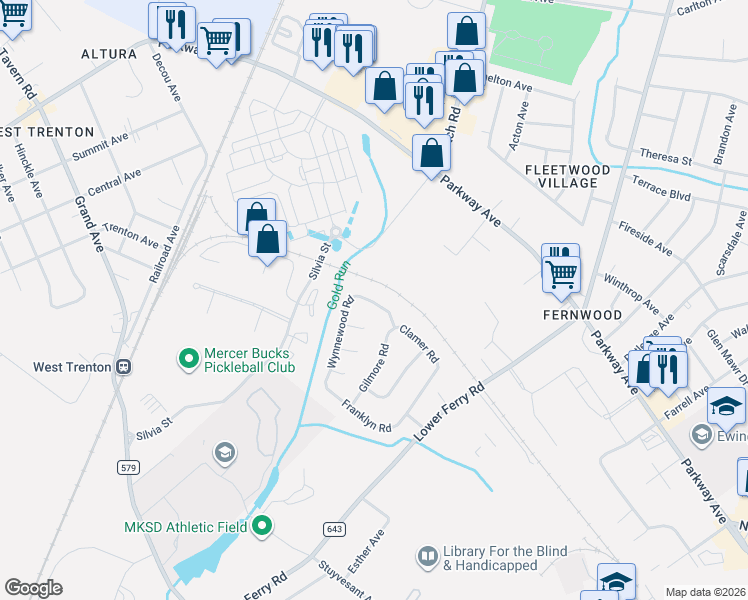 map of restaurants, bars, coffee shops, grocery stores, and more near 280 Clamer Road in Ewing Township