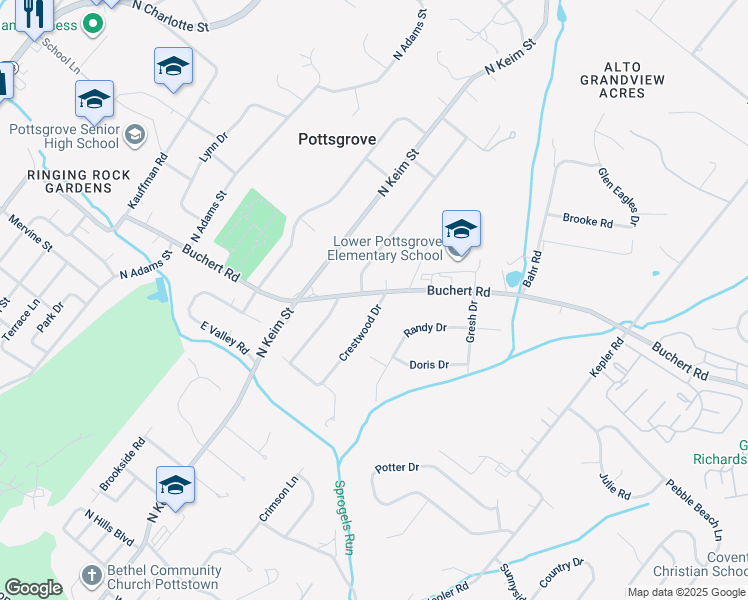 map of restaurants, bars, coffee shops, grocery stores, and more near 1243 Crestwood Drive in Pottstown