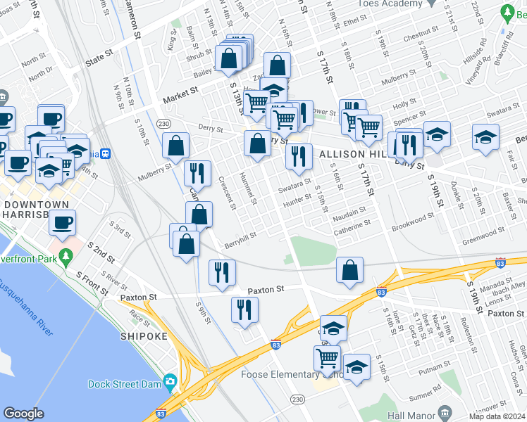 map of restaurants, bars, coffee shops, grocery stores, and more near 417 Hummel Street in Harrisburg