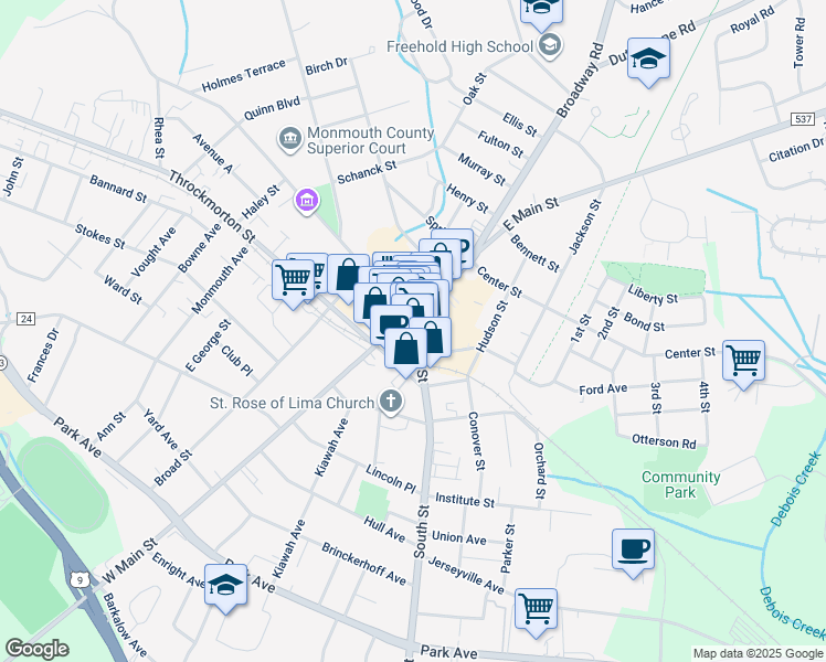 map of restaurants, bars, coffee shops, grocery stores, and more near in Freehold