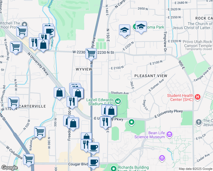map of restaurants, bars, coffee shops, grocery stores, and more near 1931 North Canyon Road in Provo