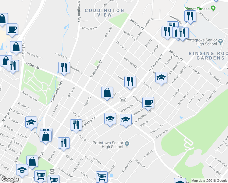 map of restaurants, bars, coffee shops, grocery stores, and more near 299 Diamond Street in Pottstown