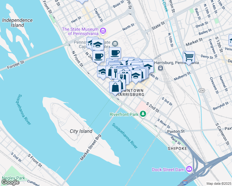 map of restaurants, bars, coffee shops, grocery stores, and more near 101 Walnut Street in Harrisburg