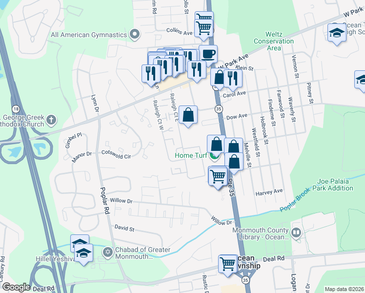 map of restaurants, bars, coffee shops, grocery stores, and more near 1780 Raleigh Court East in Monmouth County