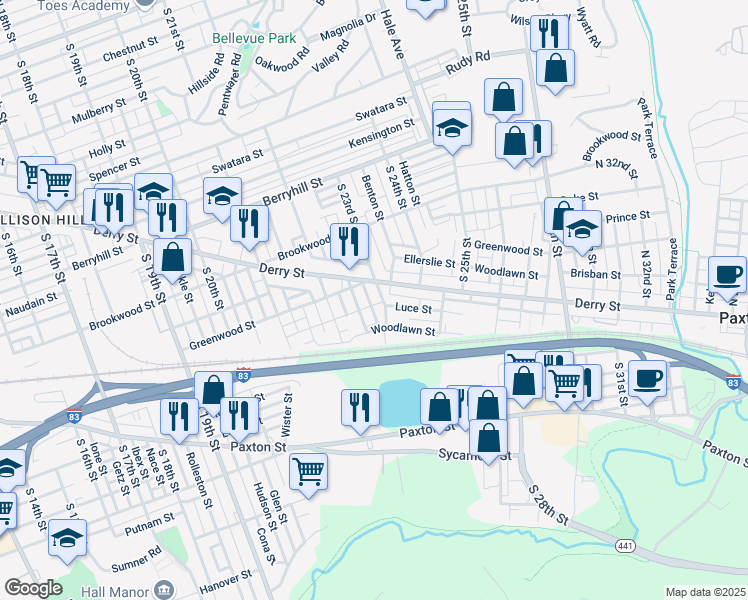 map of restaurants, bars, coffee shops, grocery stores, and more near 2255 Greenwood Street in Harrisburg