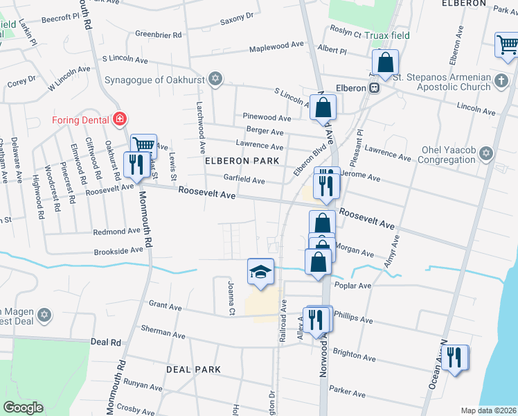 map of restaurants, bars, coffee shops, grocery stores, and more near 259 Roosevelt Avenue in Monmouth County