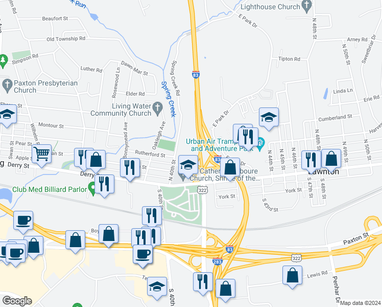 map of restaurants, bars, coffee shops, grocery stores, and more near 205 North 40th Street in Harrisburg