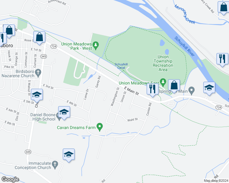 map of restaurants, bars, coffee shops, grocery stores, and more near 10 Washington Street in Douglassville