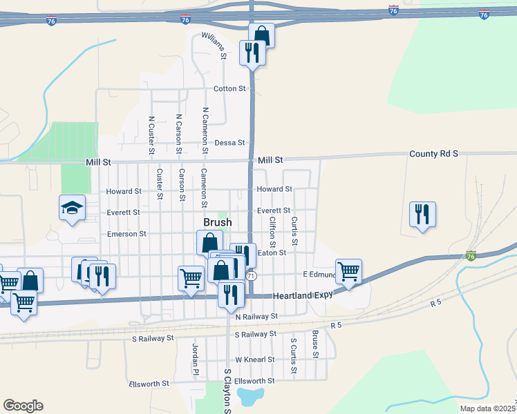 map of restaurants, bars, coffee shops, grocery stores, and more near 615 Colorado Avenue in Brush
