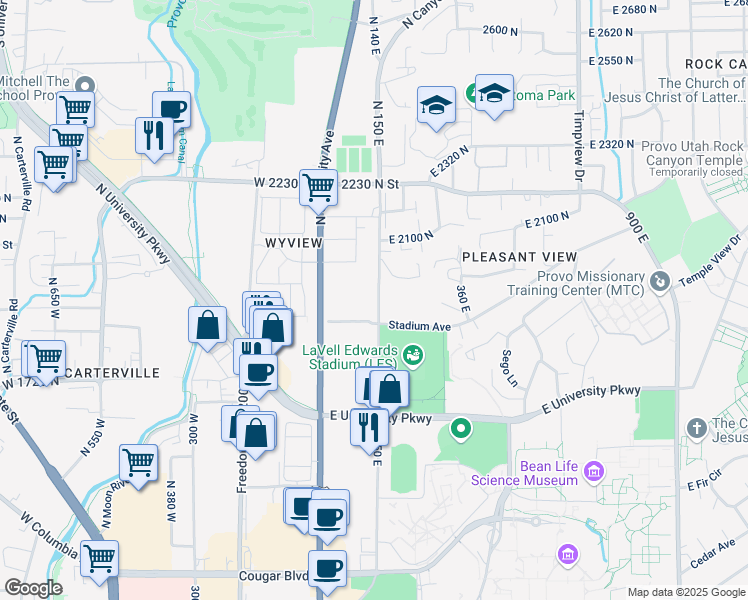 map of restaurants, bars, coffee shops, grocery stores, and more near 1937 North Canyon Road in Provo