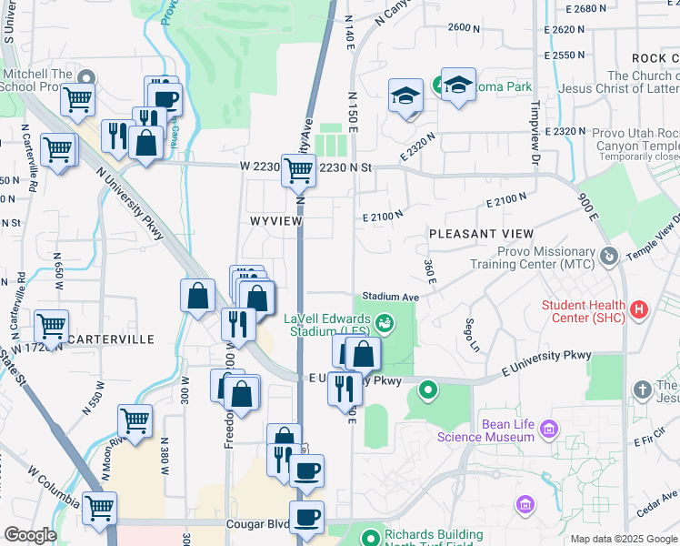 map of restaurants, bars, coffee shops, grocery stores, and more near 1937 North Canyon Road in Provo