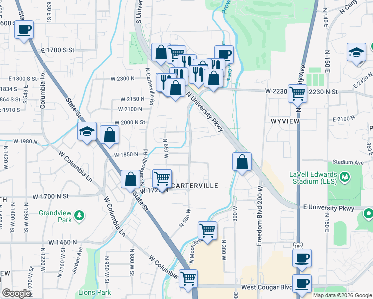 map of restaurants, bars, coffee shops, grocery stores, and more near 1925 North 550 West in Provo