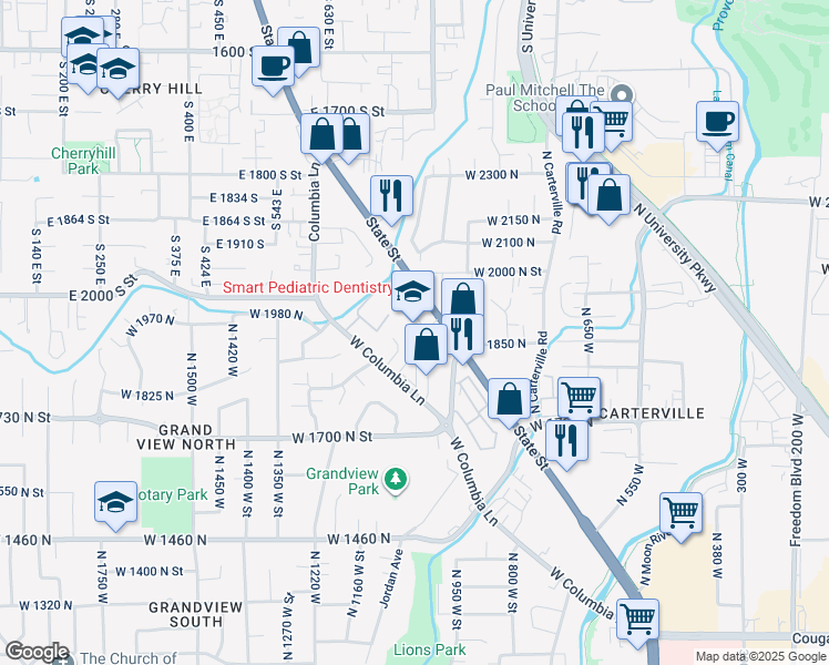 map of restaurants, bars, coffee shops, grocery stores, and more near 1969 North State Street in Provo