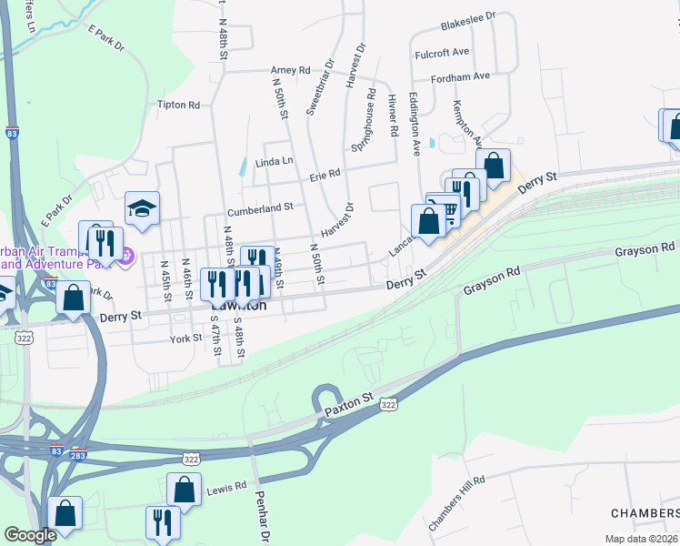 map of restaurants, bars, coffee shops, grocery stores, and more near 5040 Lancaster Street in Harrisburg