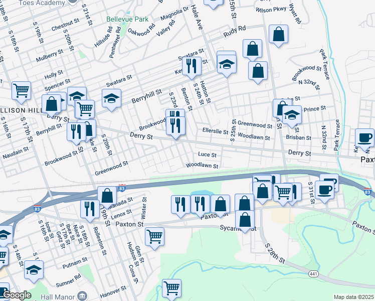 map of restaurants, bars, coffee shops, grocery stores, and more near 2255 Greenwood Street in Harrisburg