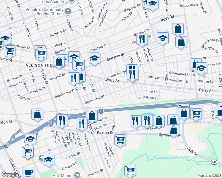 map of restaurants, bars, coffee shops, grocery stores, and more near 921 South 21st Street in Harrisburg