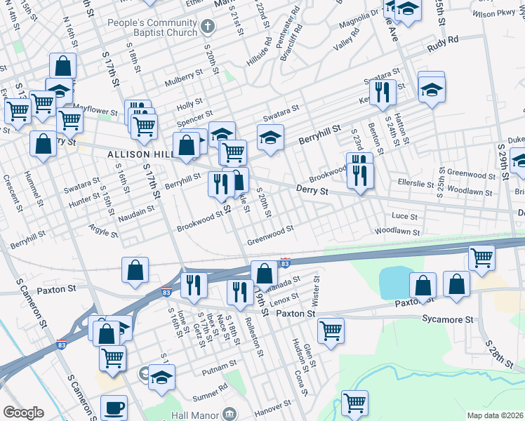 map of restaurants, bars, coffee shops, grocery stores, and more near 543 Dunkle Street in Harrisburg